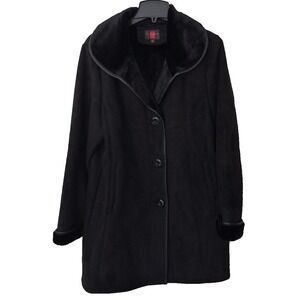 Gallery Faux Suede Fur Lined Coat Black Leatherette Trim Vintage Womens M READ‎